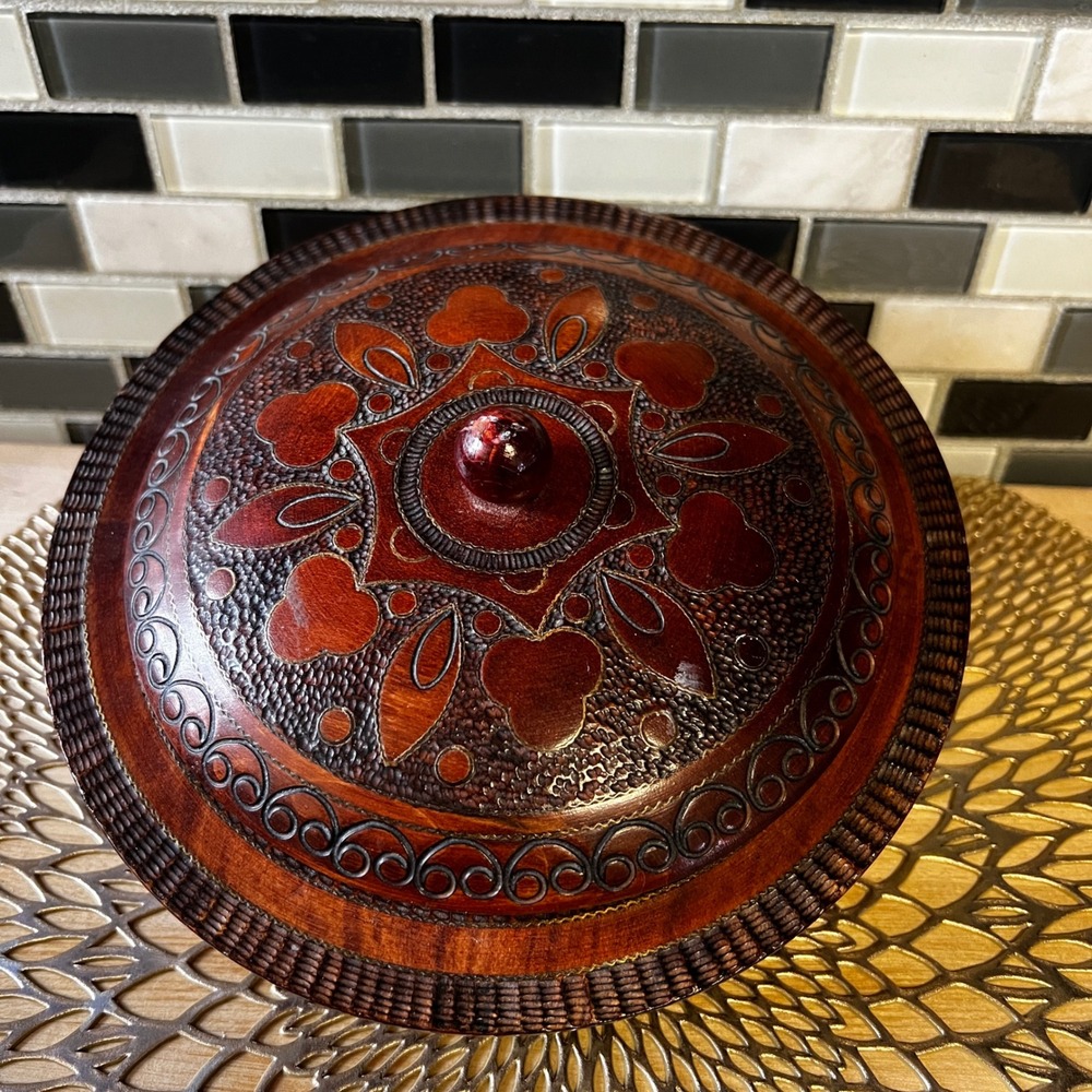 Polish Hand Carved Wood Trinket Box Dish Lid & Bowl Decorative Storage Container - Picture 3 of 10